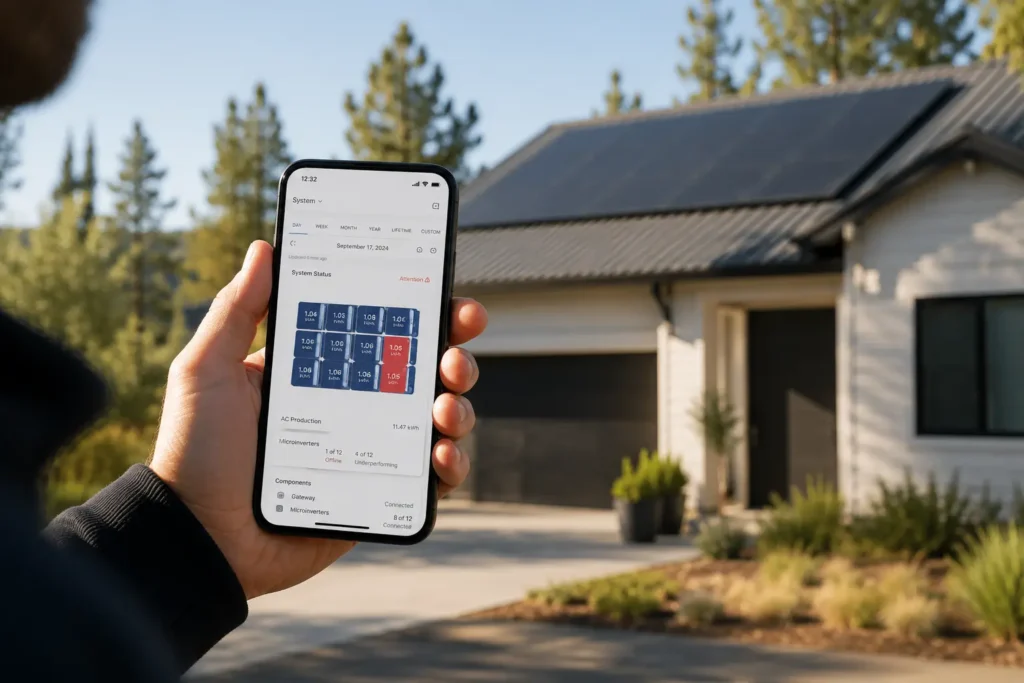 Enphase Enlighten app showing microinverter error codes on smartphone screen with system array view