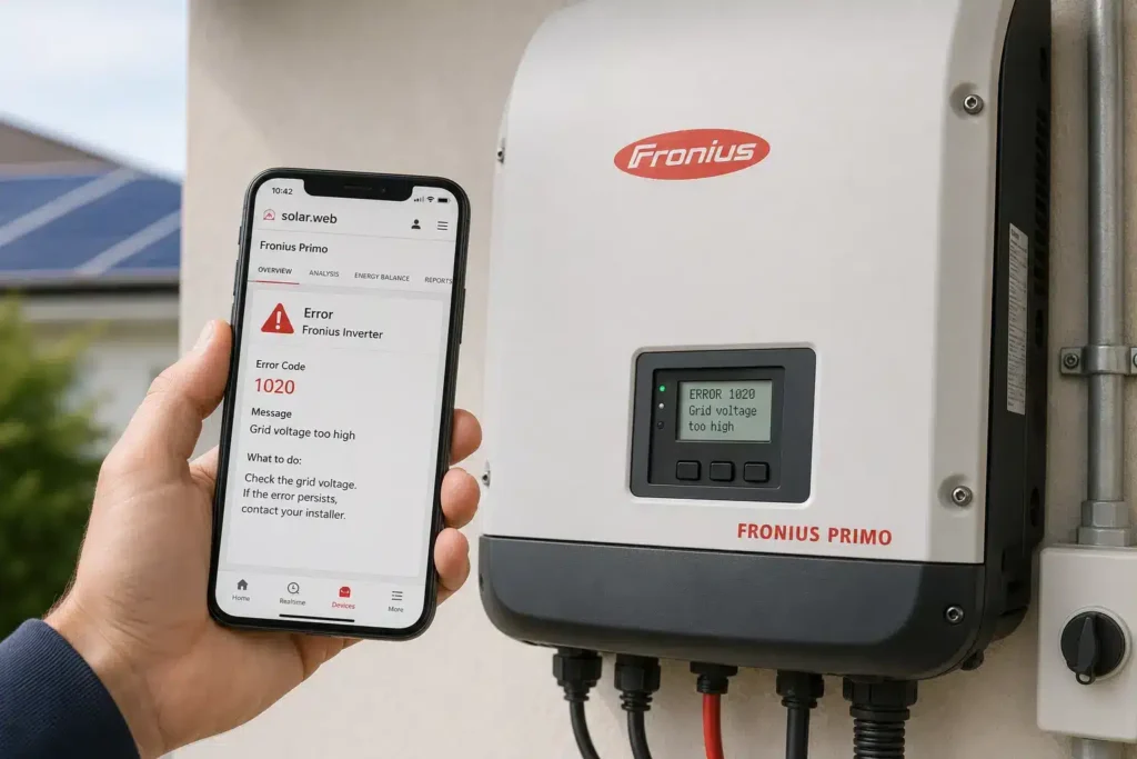 Homeowner checking Fronius inverter error codes on smartphone Solar.web app display screen