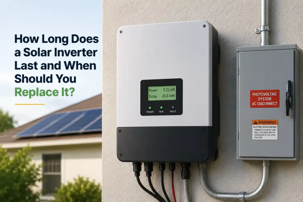 Solar inverter mounted on exterior wall next to electrical panel showing LCD display and status lights