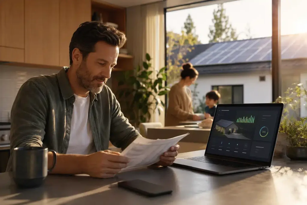 Homeowner reviewing solar electric bill on kitchen table with laptop showing solar monitoring app