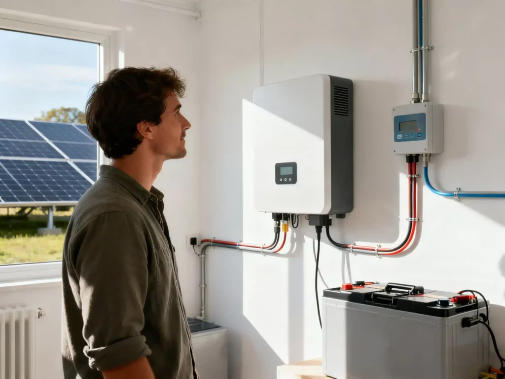Homeowner inspecting a home battery storage system and solar inverter mounted on a garage wall next to rooftop solar panels.