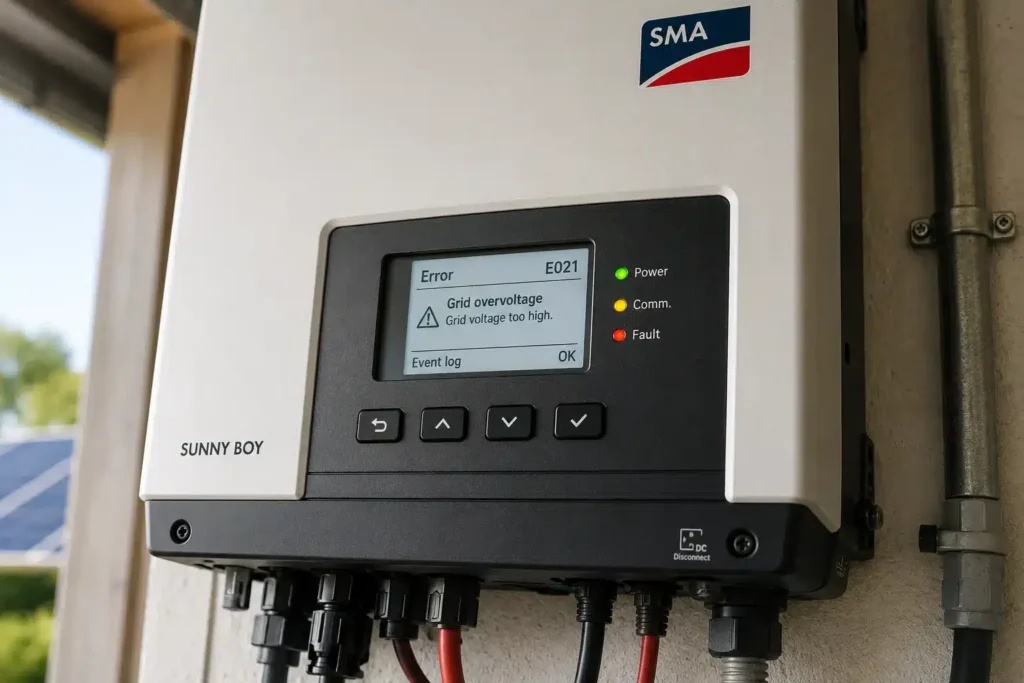 SMA solar inverter display showing error code and status message for troubleshooting