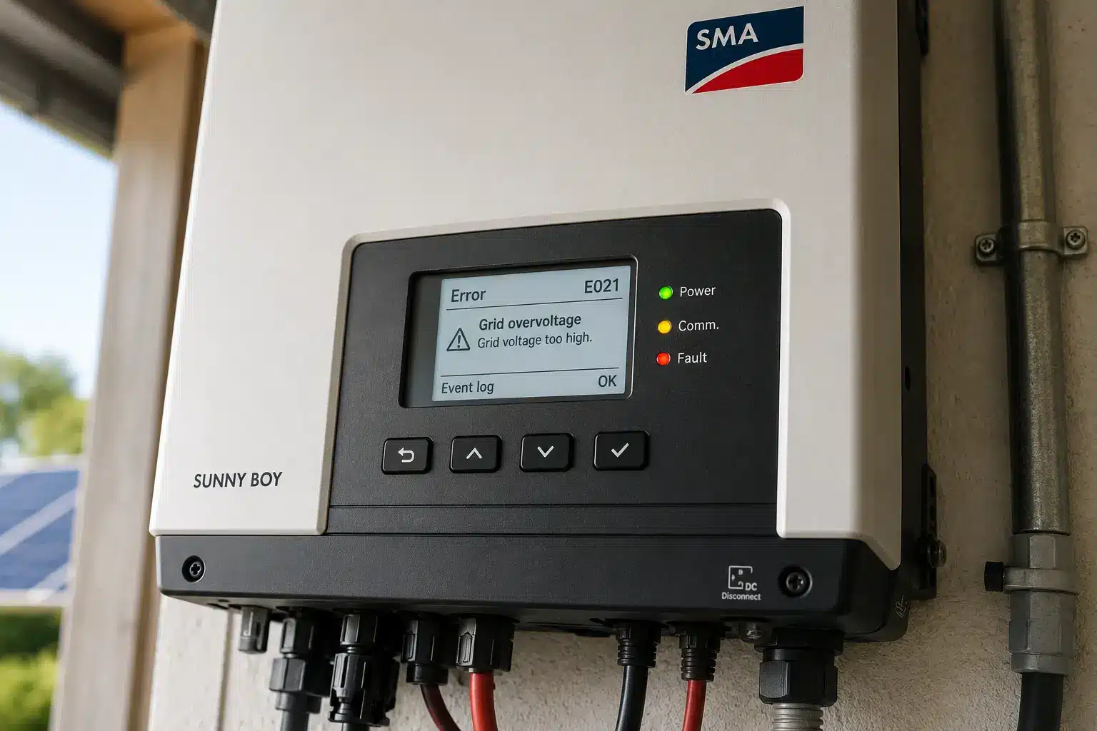 SMA solar inverter display showing error code and status message for troubleshooting
