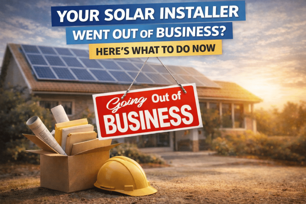 Home with rooftop solar panels and a ‘going out of business’ sign