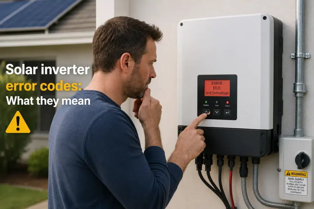 Homeowner checking solar inverter display showing an error code on the wall unit