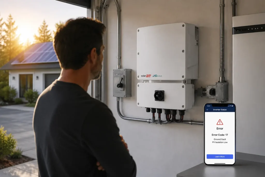 SolarEdge residential inverter LCD screen displaying error code with diagnostic information for troubleshooting
