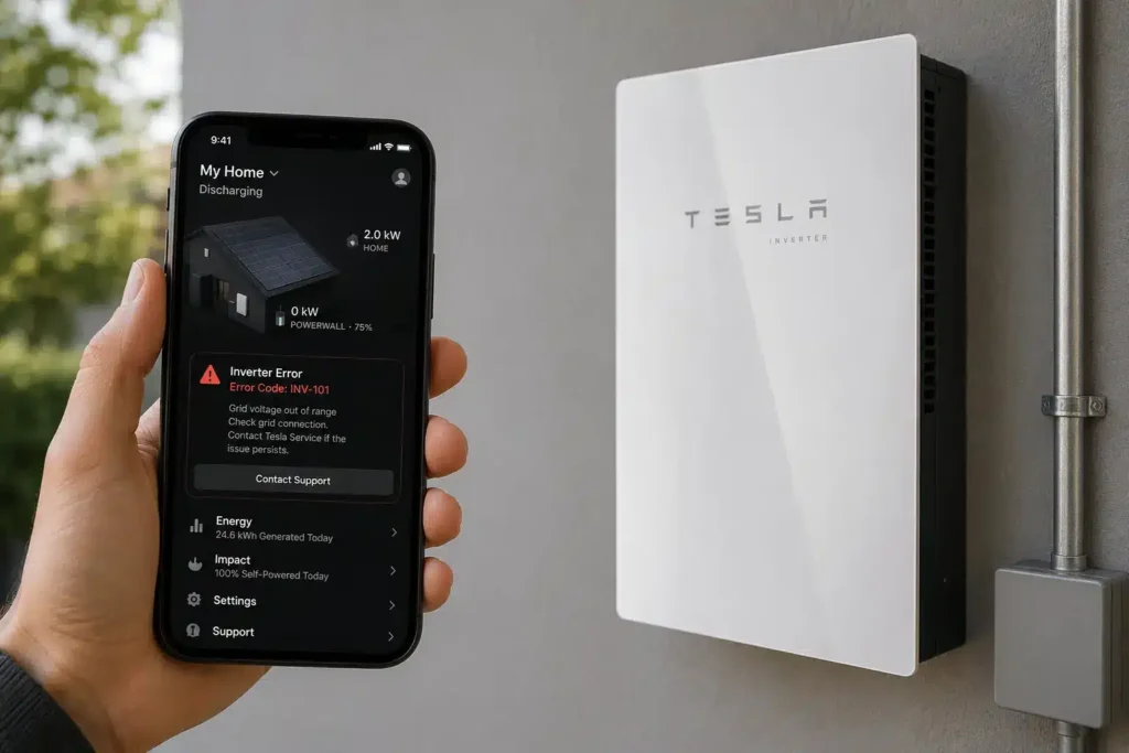 Tesla solar inverter display showing error code with blinking red LED indicator light