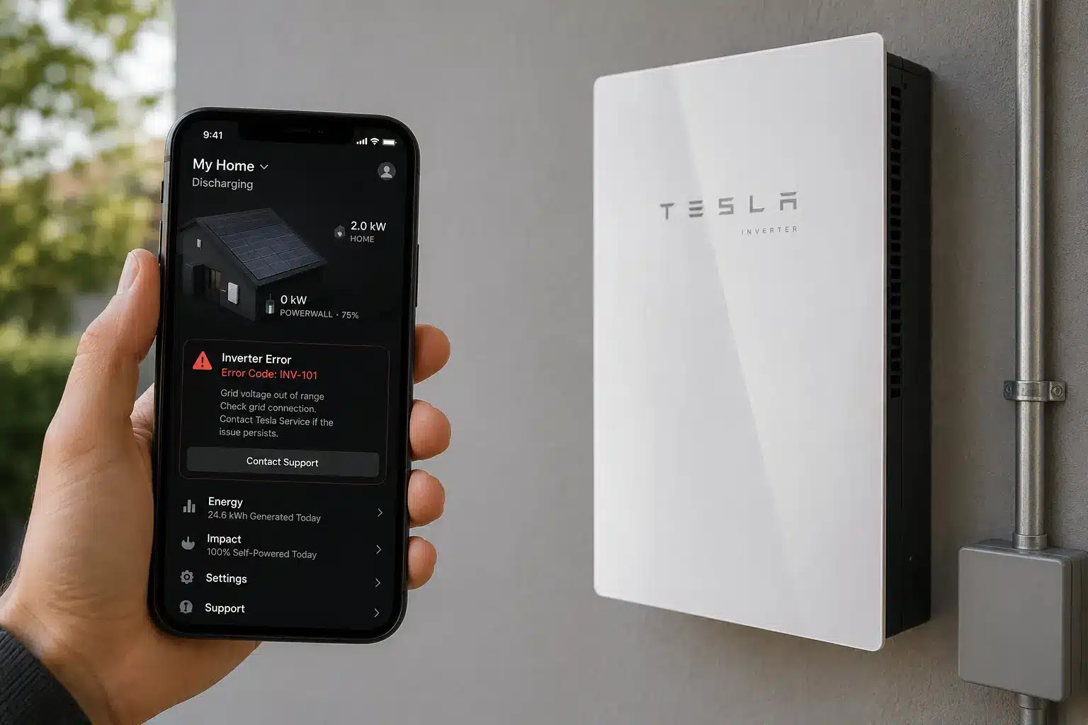 Tesla solar inverter display showing error code with blinking red LED indicator light