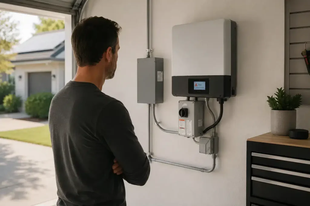 Homeowner inspecting solar inverter display showing red fault indicator light on garage wall