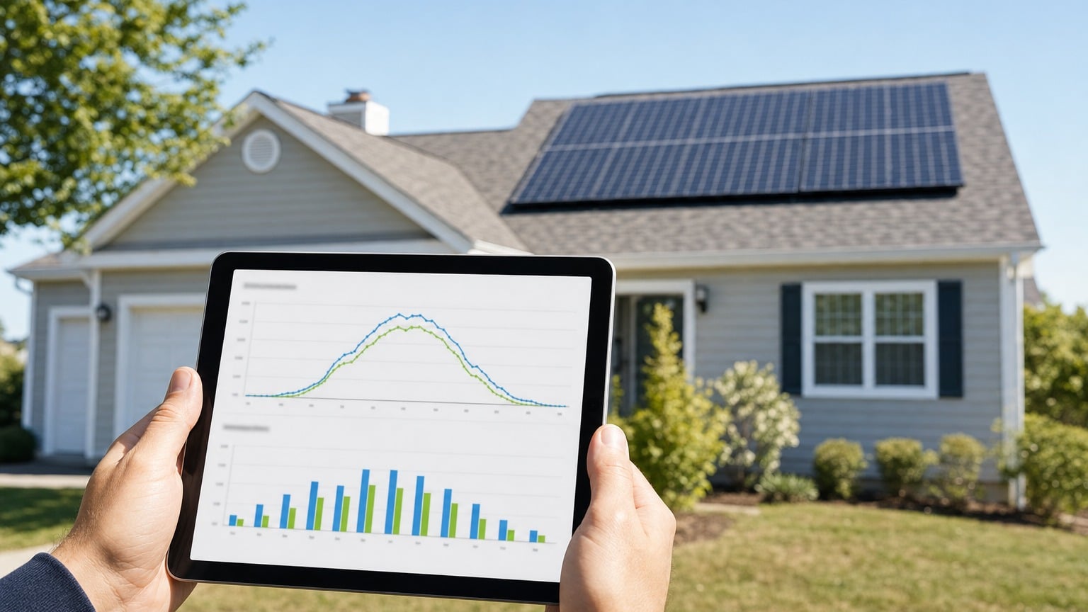 Homeowner checking solar system performance data on smartphone app with rooftop solar panels visible in background
