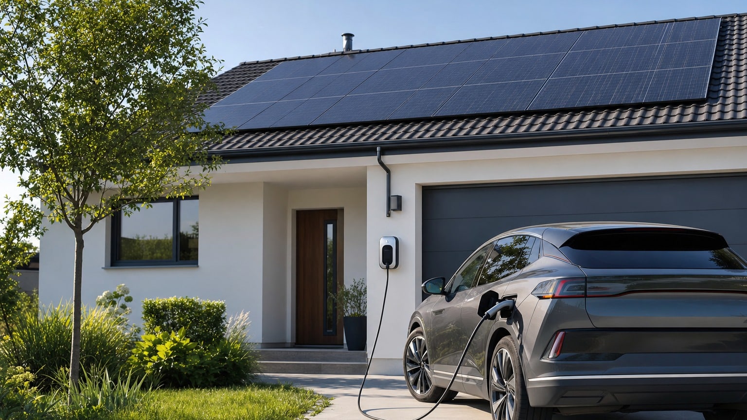 Level 2 EV charger mounted on garage wall next to residential solar installation on suburban home