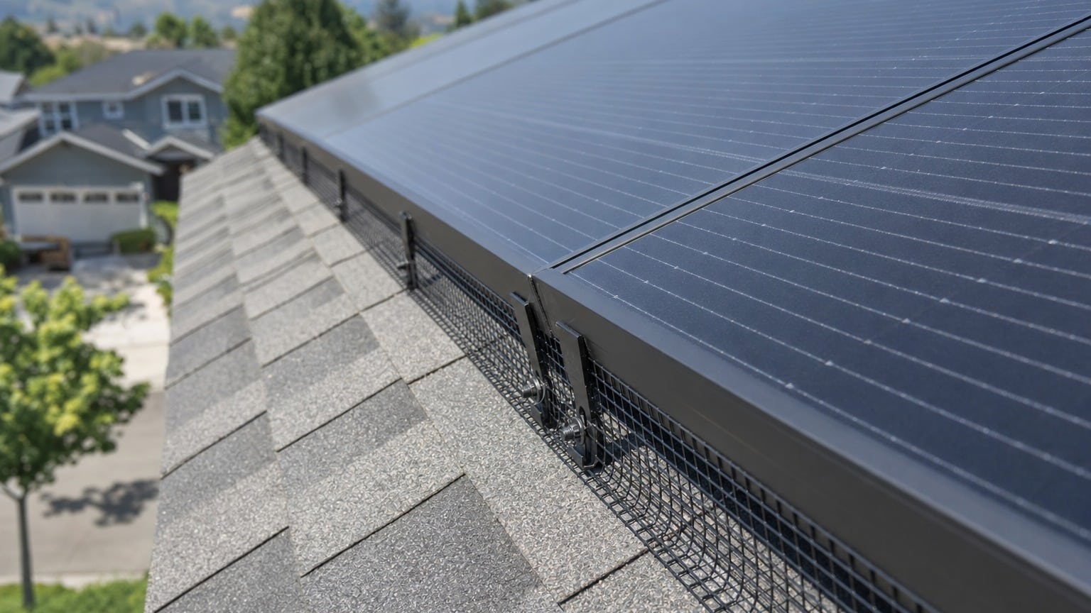 Close-up of black PVC-coated wire mesh critter guard installed along solar panel edge on residential roof