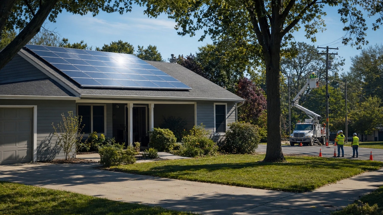 Residential home with rooftop solar panels during daytime power outage with dark interior lights visible