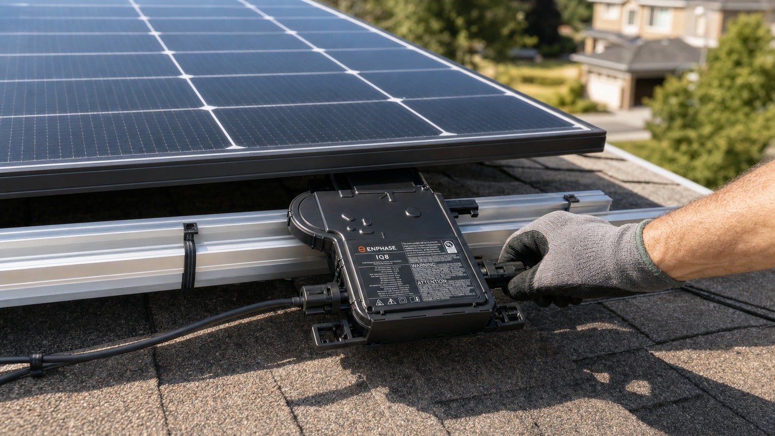 Enphase IQ microinverter mounted on roof racking beneath residential solar panel showing compact form factor and connection cables