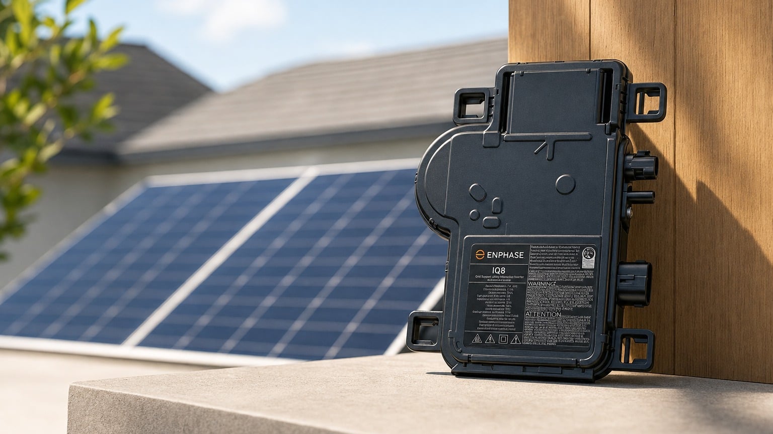 Enphase IQ microinverter mounted underneath residential solar panel showing product serial number label and LED status indicator