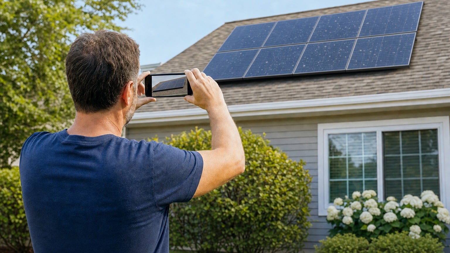 Homeowner reviewing solar panel warranty documents and serial numbers on residential rooftop installation