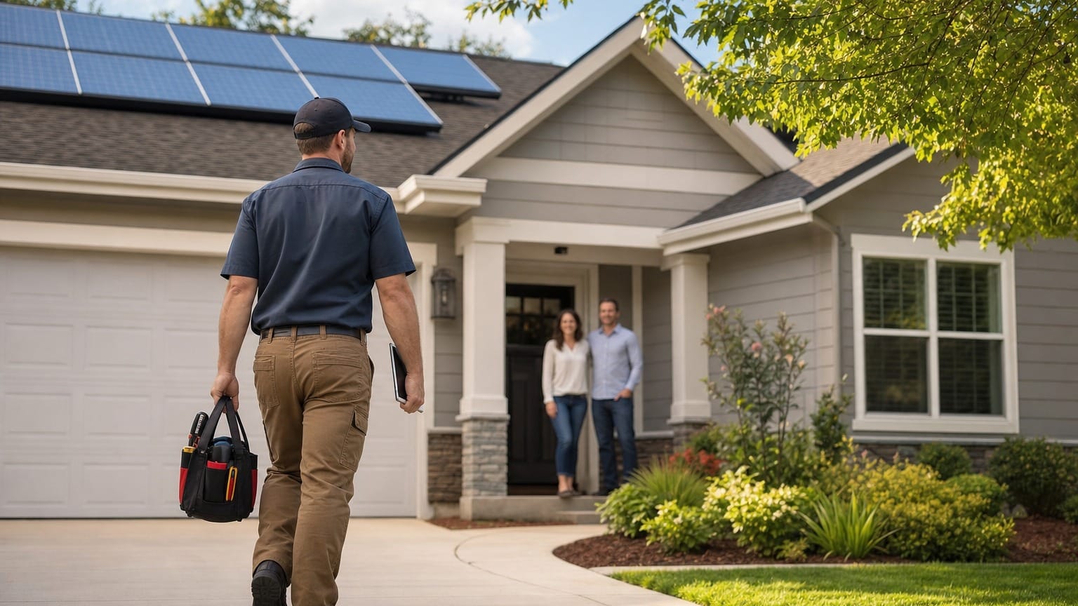 Solar technician on residential roof inspecting monocrystalline panels with digital meter in hand near inverter