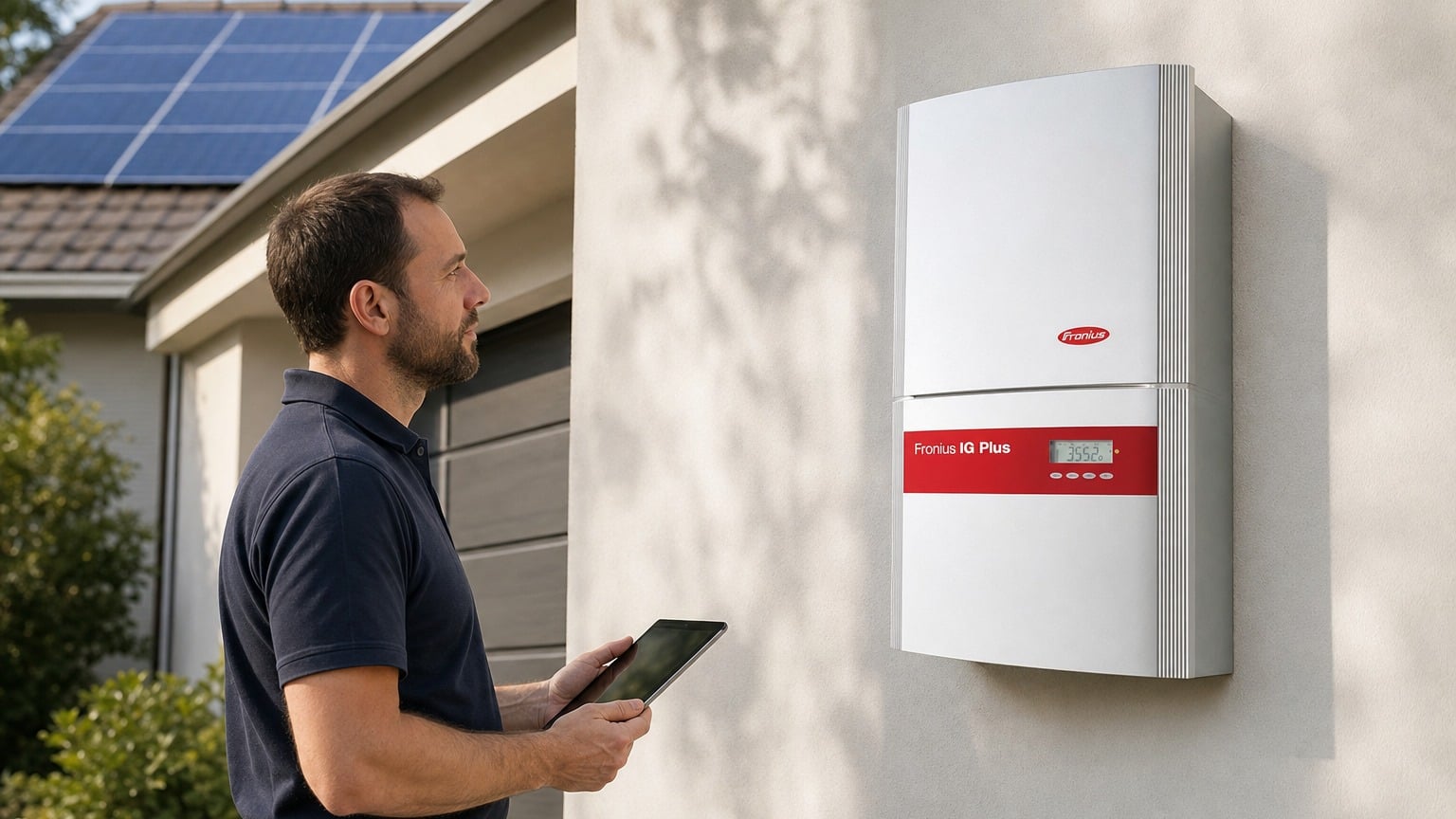 Fronius Primo string inverter mounted on garage wall with Austrian build quality and active cooling design visible