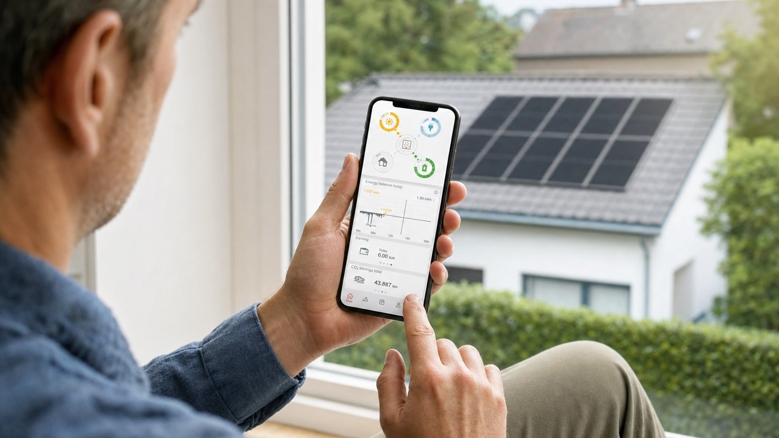 Homeowner viewing Fronius Solar.web app dashboard on smartphone showing solar energy flow diagram and battery charge status