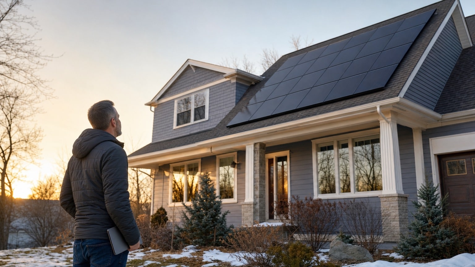 Homeowner reviewing solar production monitoring app on tablet with rooftop solar panels visible in background during winter daylight