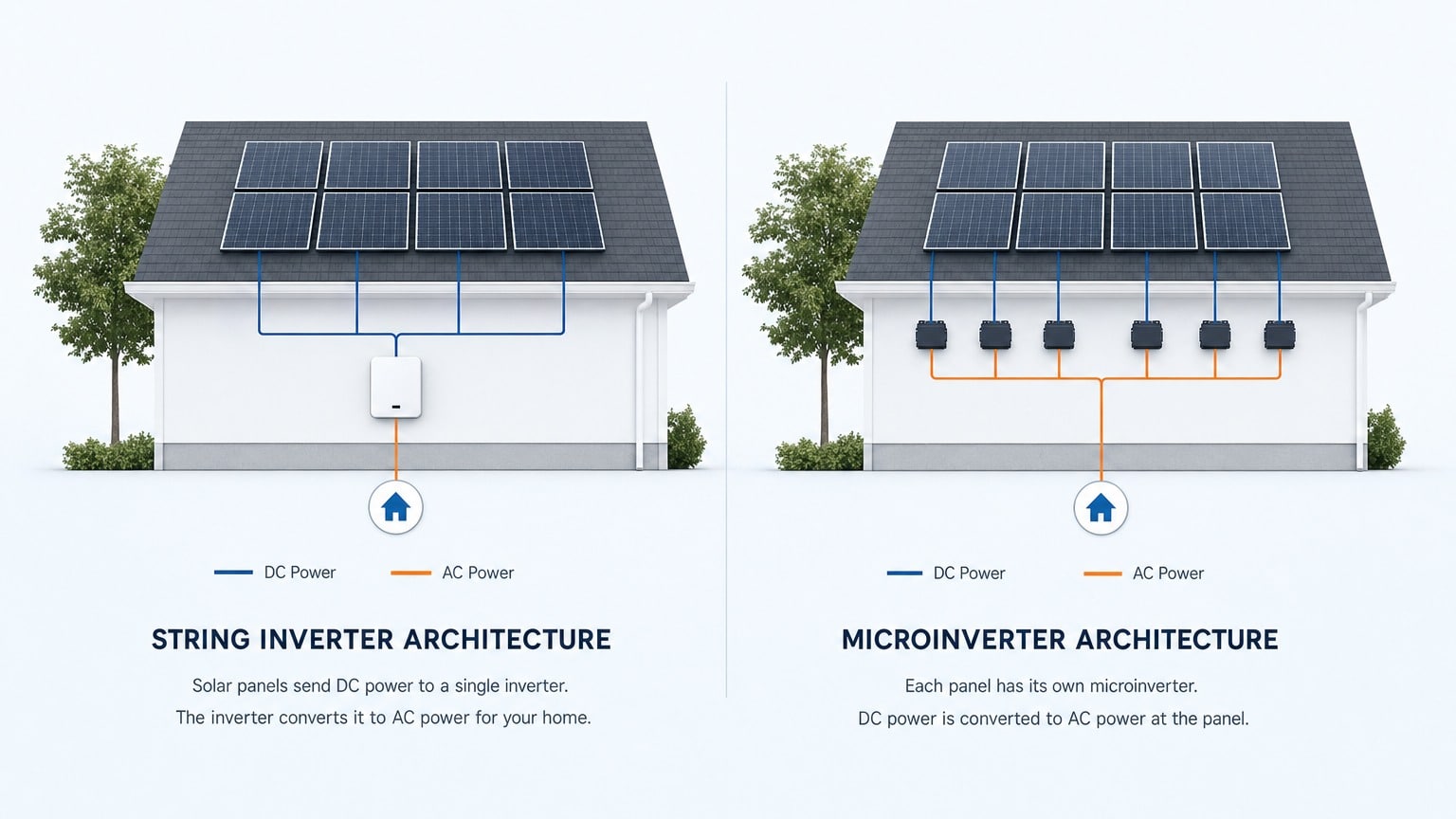 Solar technician examining residential rooftop solar panel installation with inverter equipment visible below panels microinverters vs string inverters upgrade