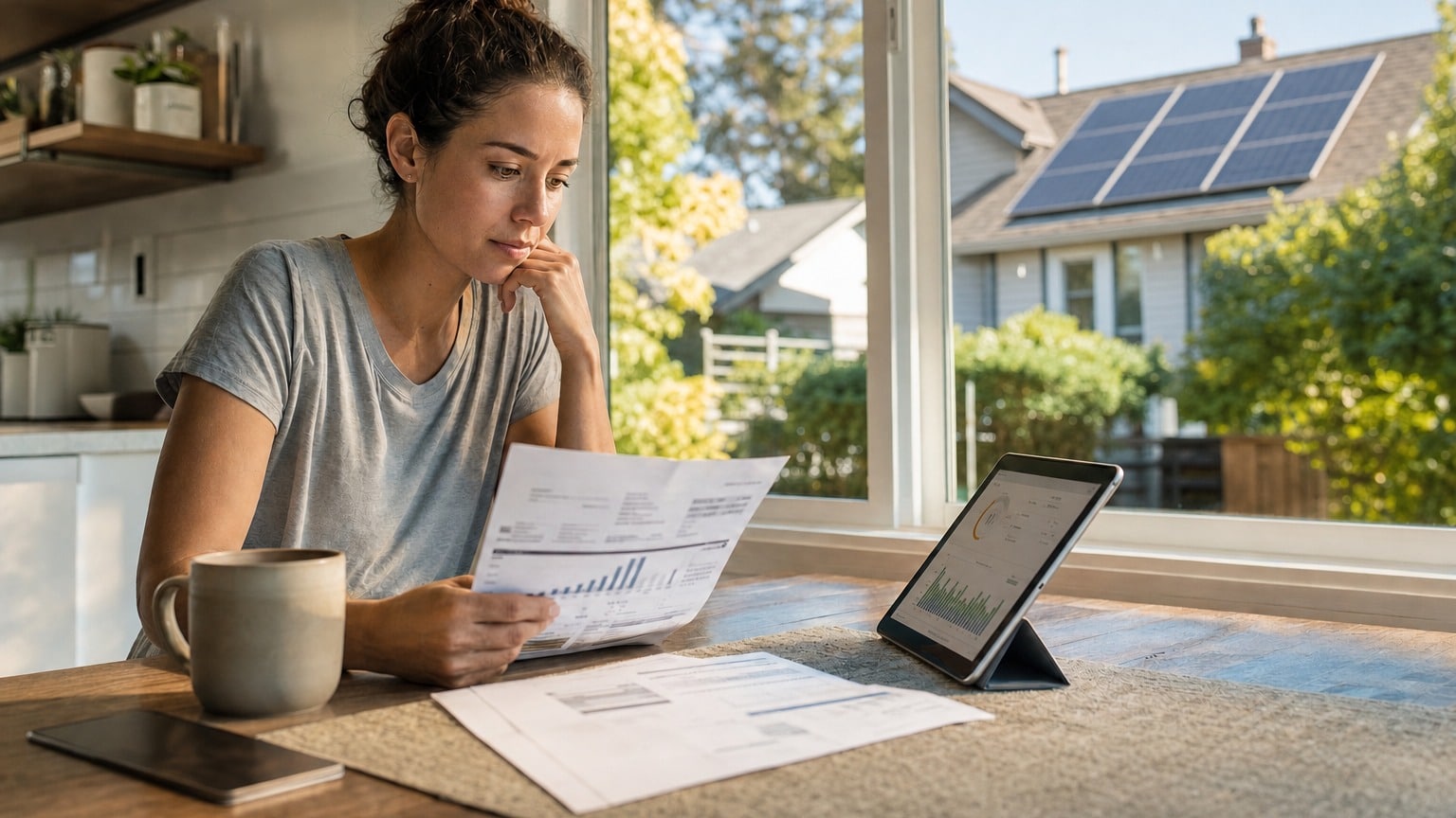 Homeowner reviewing solar production and battery storage system with utility bill showing net metering changes