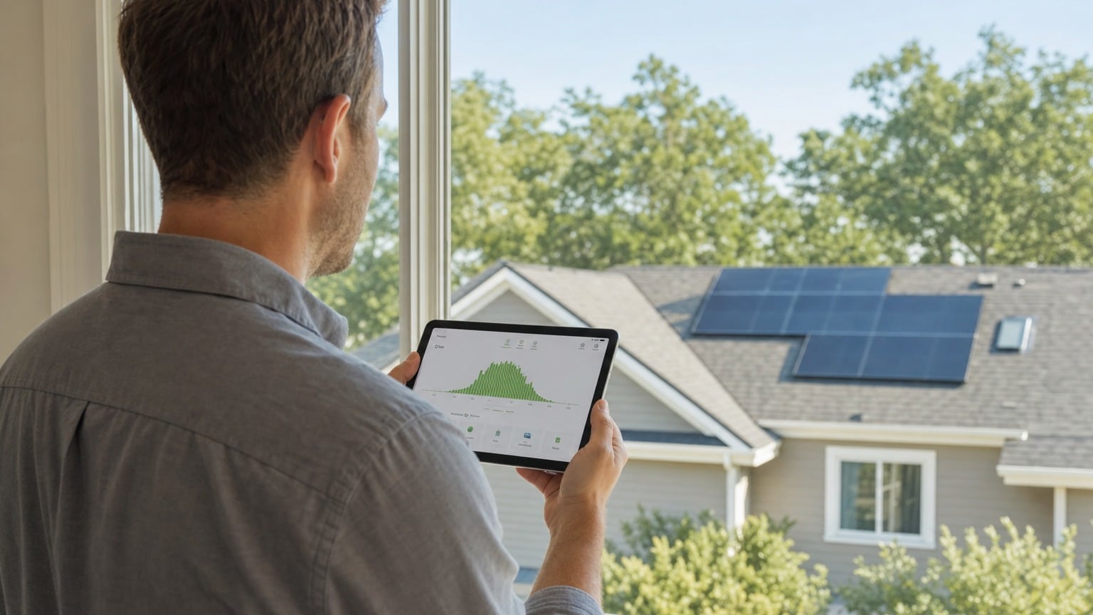 Homeowner reviewing solar monitoring app on smartphone showing production curve graph and energy flow data