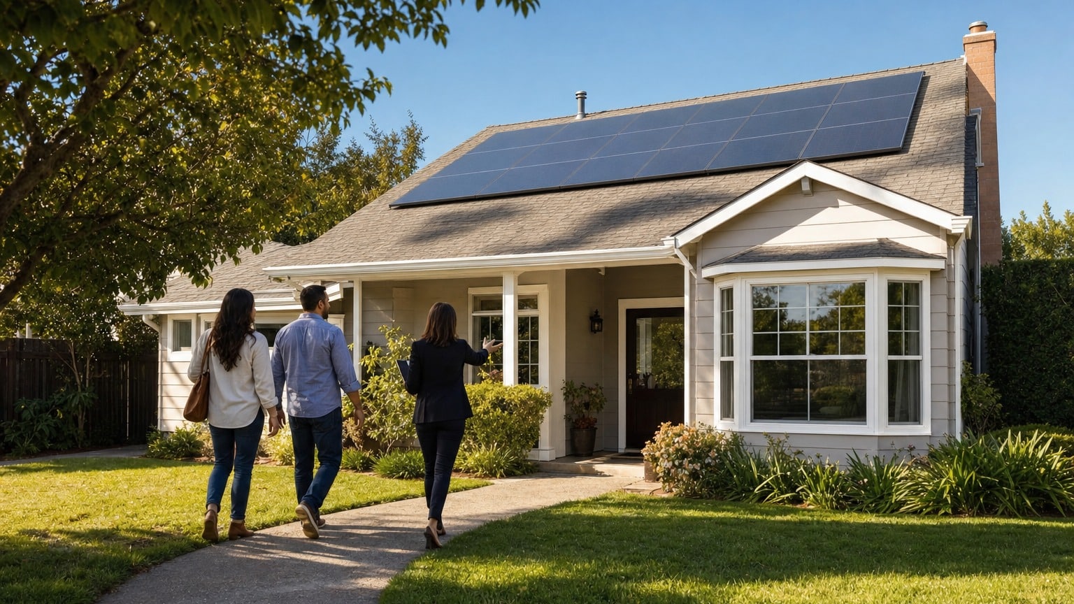 Residential home with rooftop solar panels being shown to prospective buyers during open house