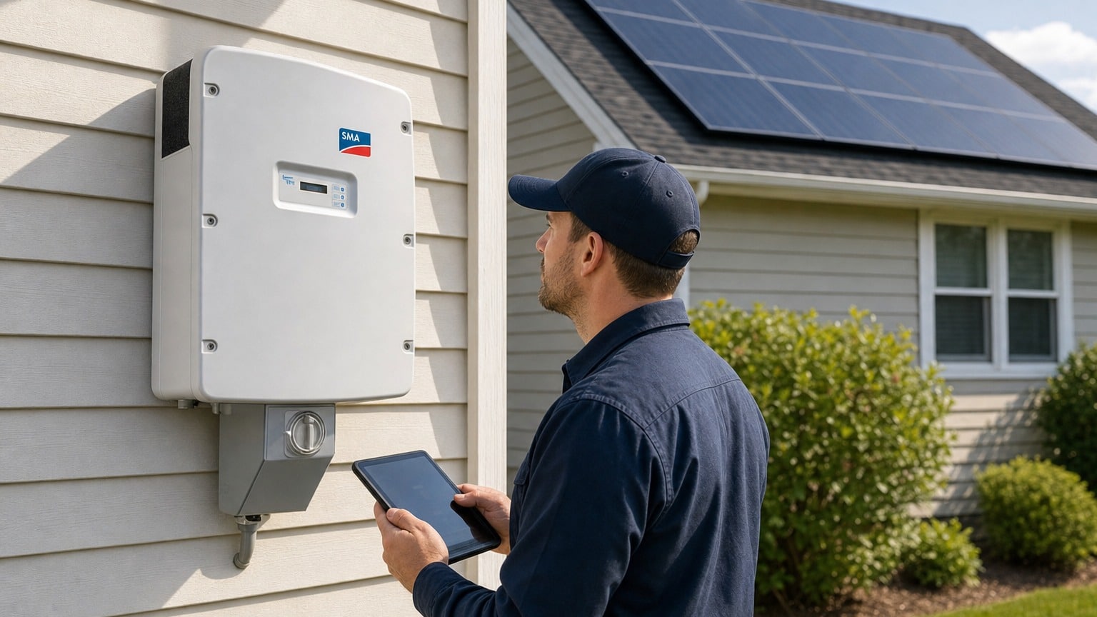 SMA Sunny Boy string inverter mounted on exterior wall of residential home with solar panels visible on roof