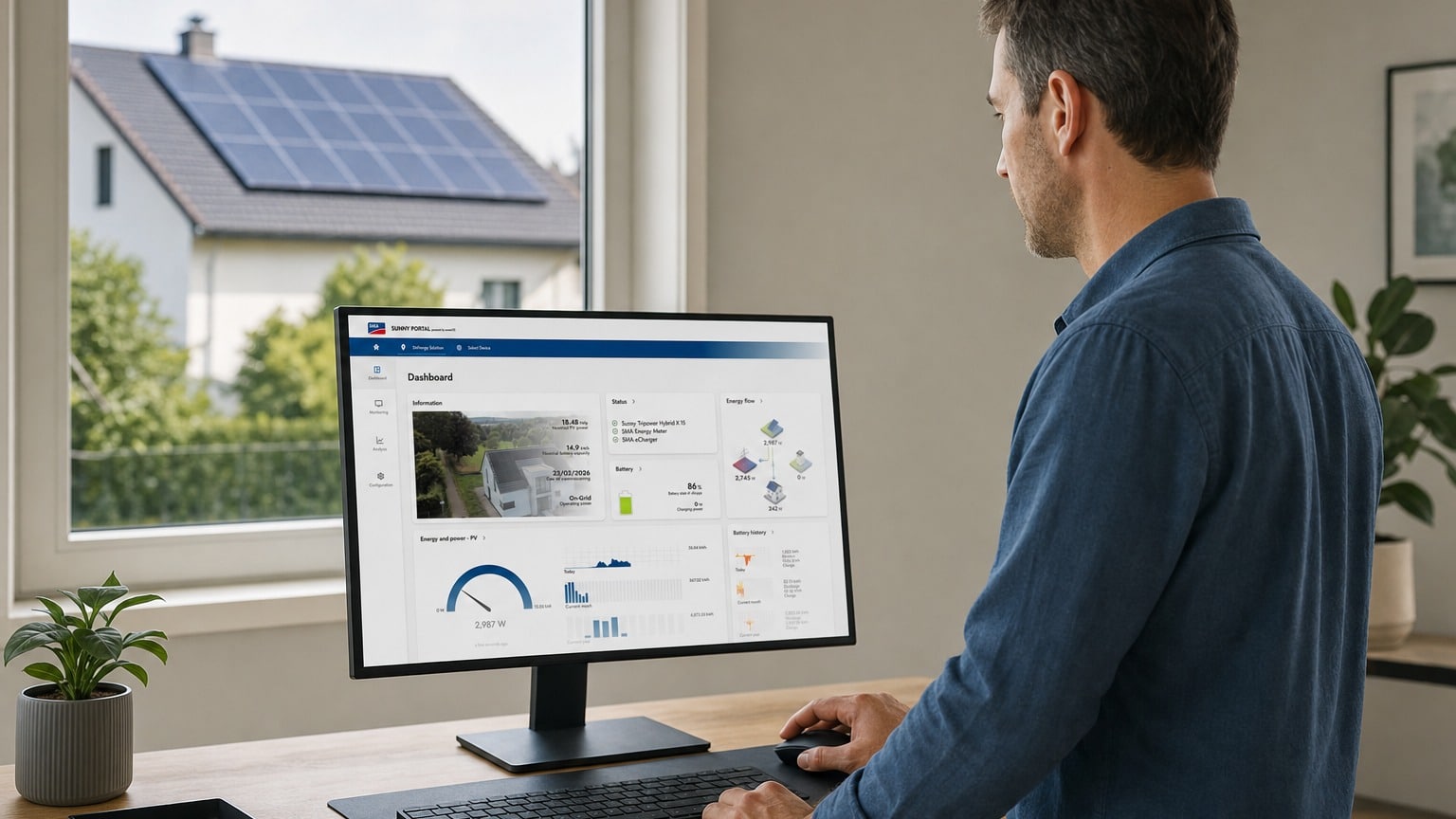 Homeowner viewing SMA Sunny Portal energy yield dashboard on laptop computer screen showing solar production data