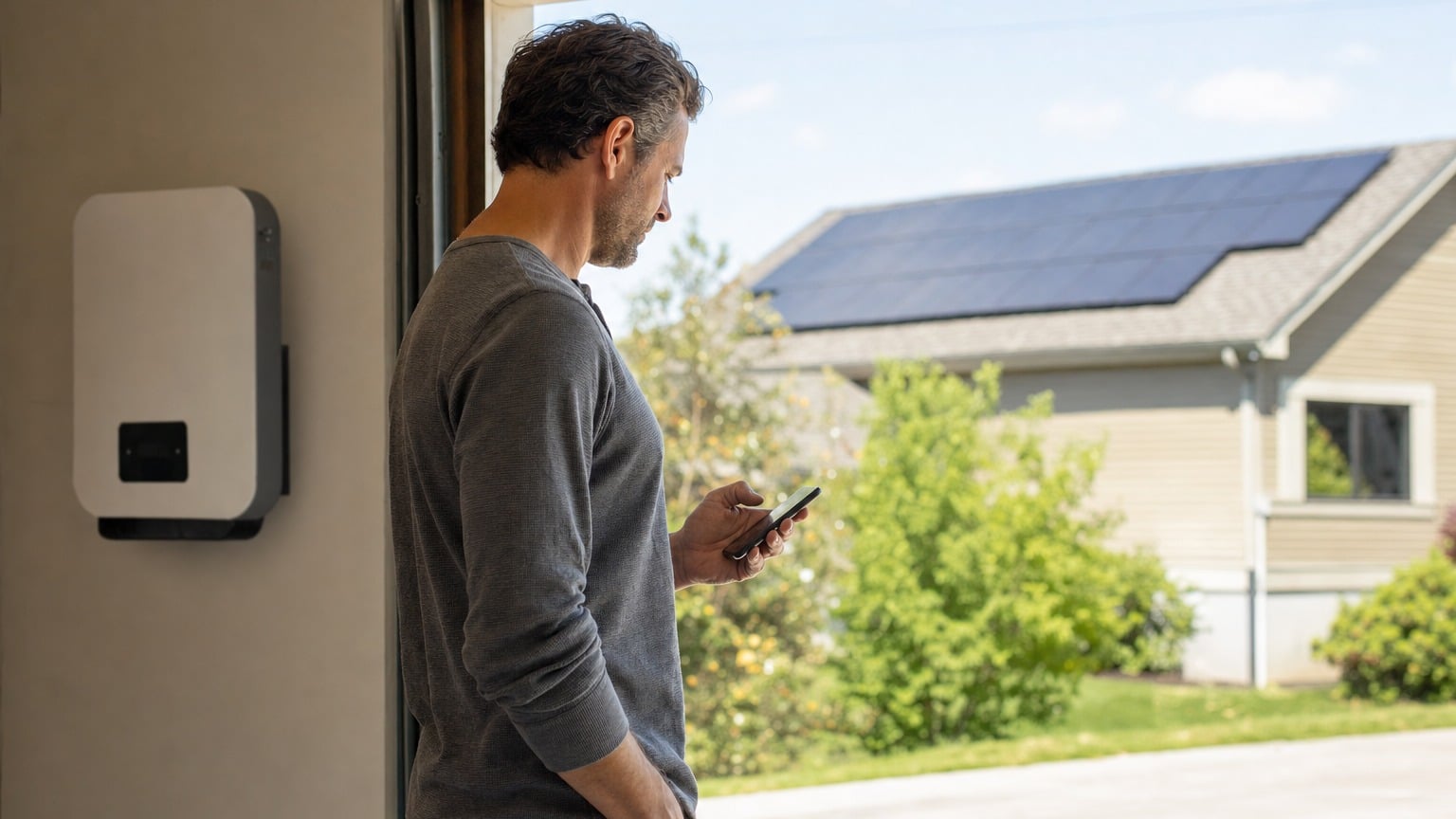 Homeowner reviewing solar monitoring app on tablet with residential rooftop solar panels visible in background