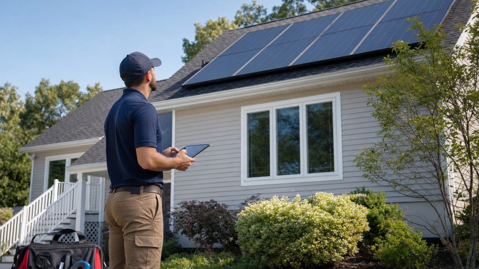 Solar technician performing diagnostic testing on residential rooftop solar panel system with digital multimeter
