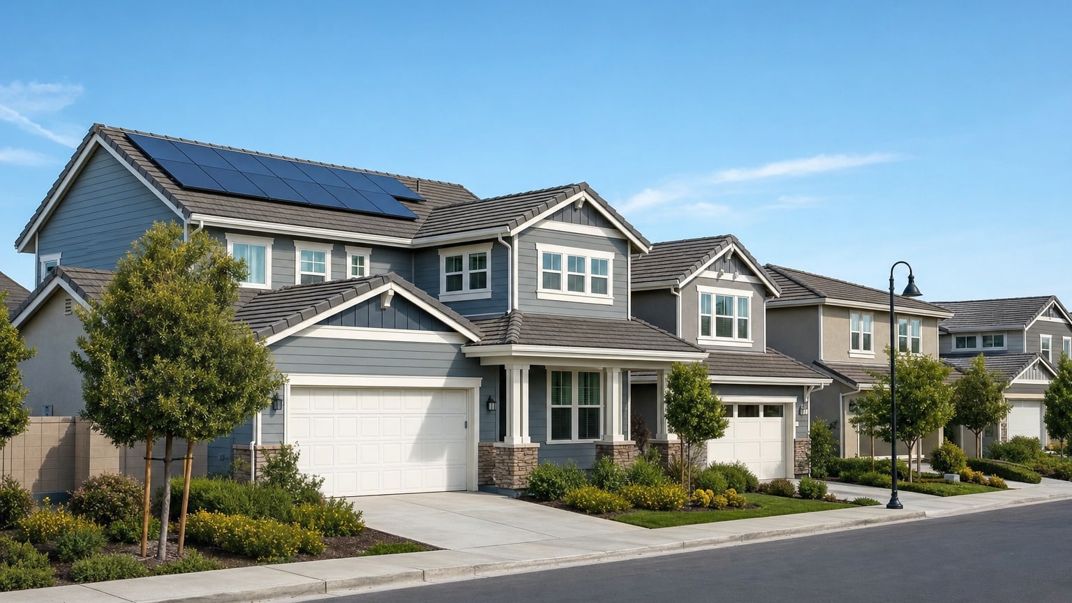 Modern residential home with black flush-mounted solar panels on roof in HOA community with manicured lawns