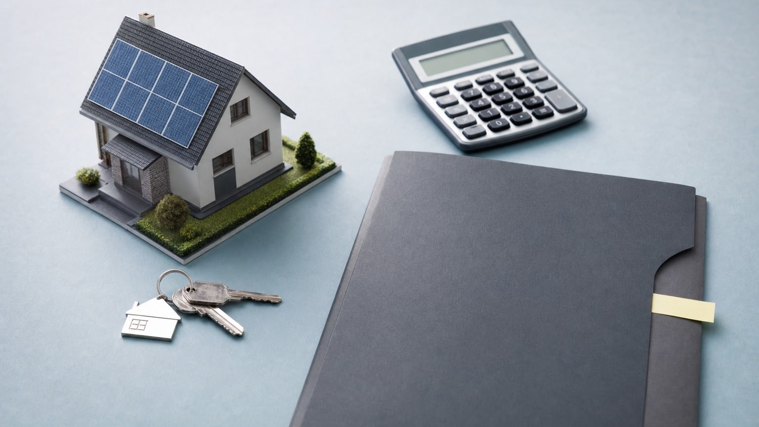 Homeowner reviewing solar lease buyout paperwork at kitchen table with calculator and contract documents