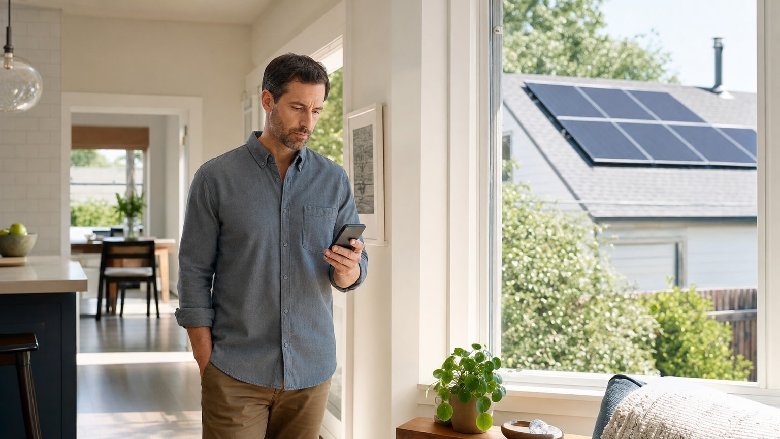 Homeowner checking solar panel production data on smartphone monitoring app in modern kitchen with roof-mounted panels visible through window
