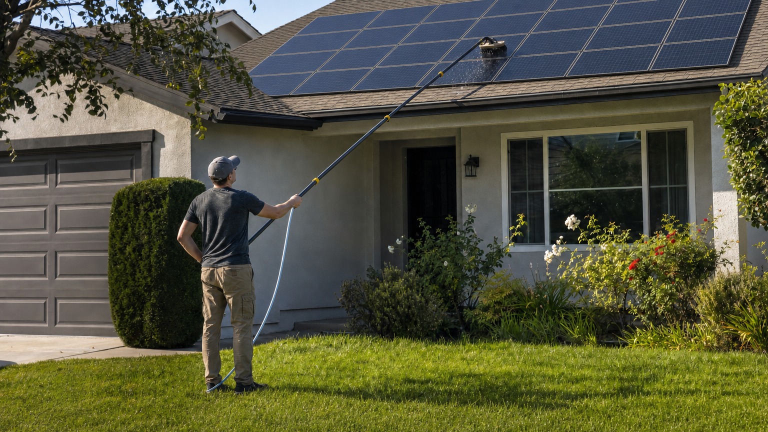 Homeowner safely cleaning rooftop solar panels with water-fed pole from ground level on suburban home