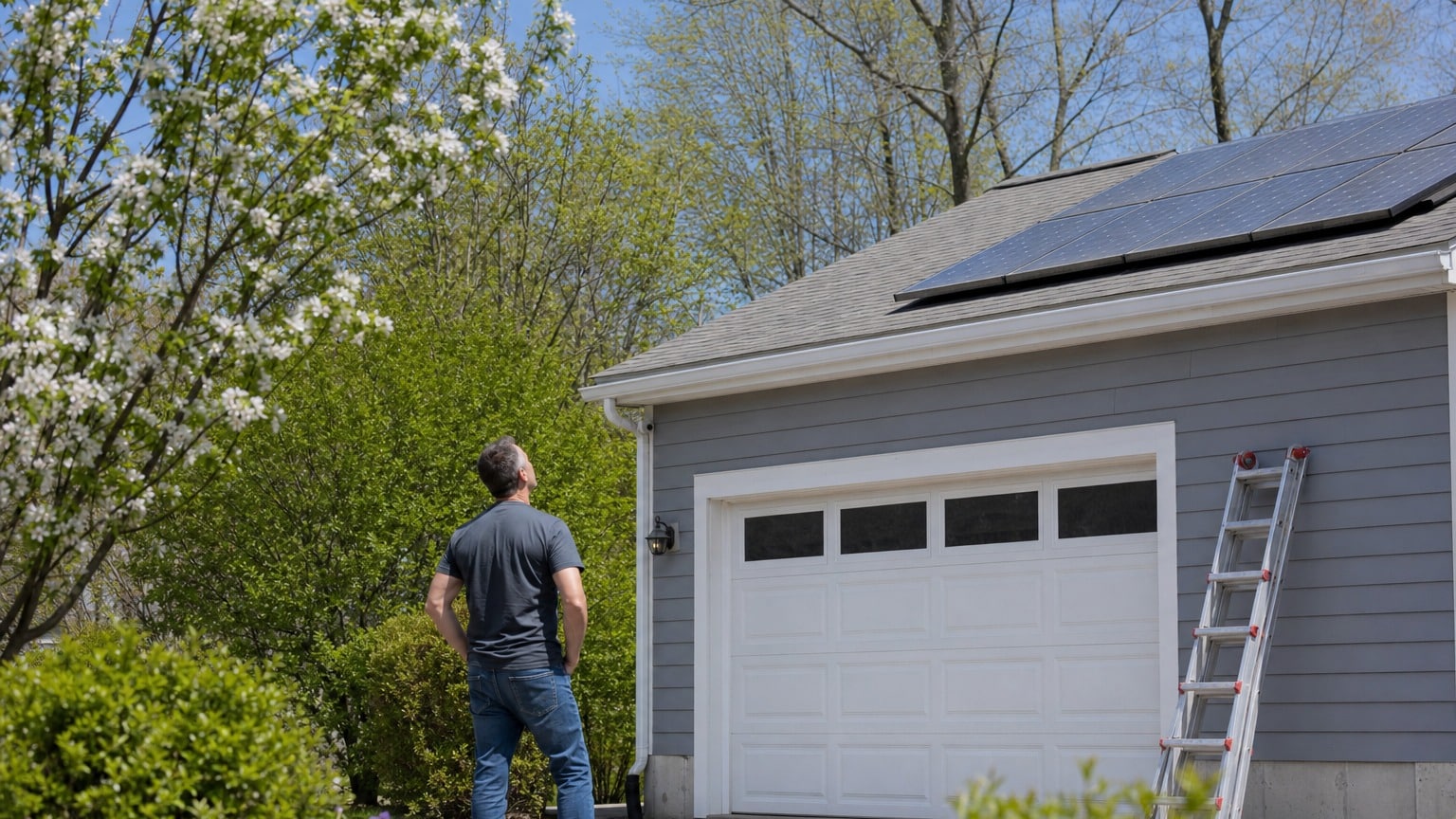 Homeowner reviewing solar panel monitoring app on smartphone while standing near residential rooftop solar installation