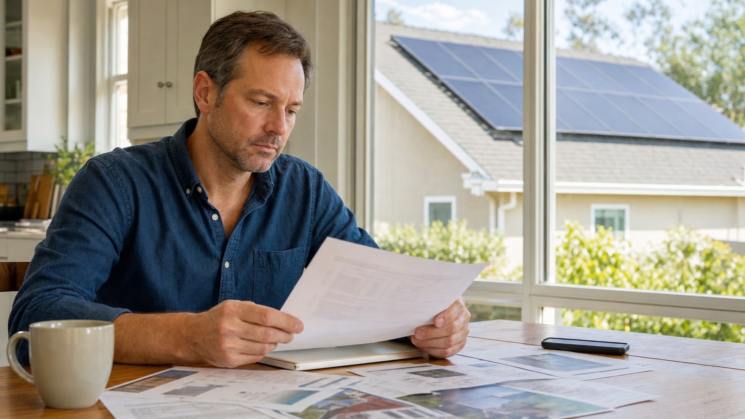 Homeowner reviewing solar panel warranty documentation with panels visible on residential roof in background