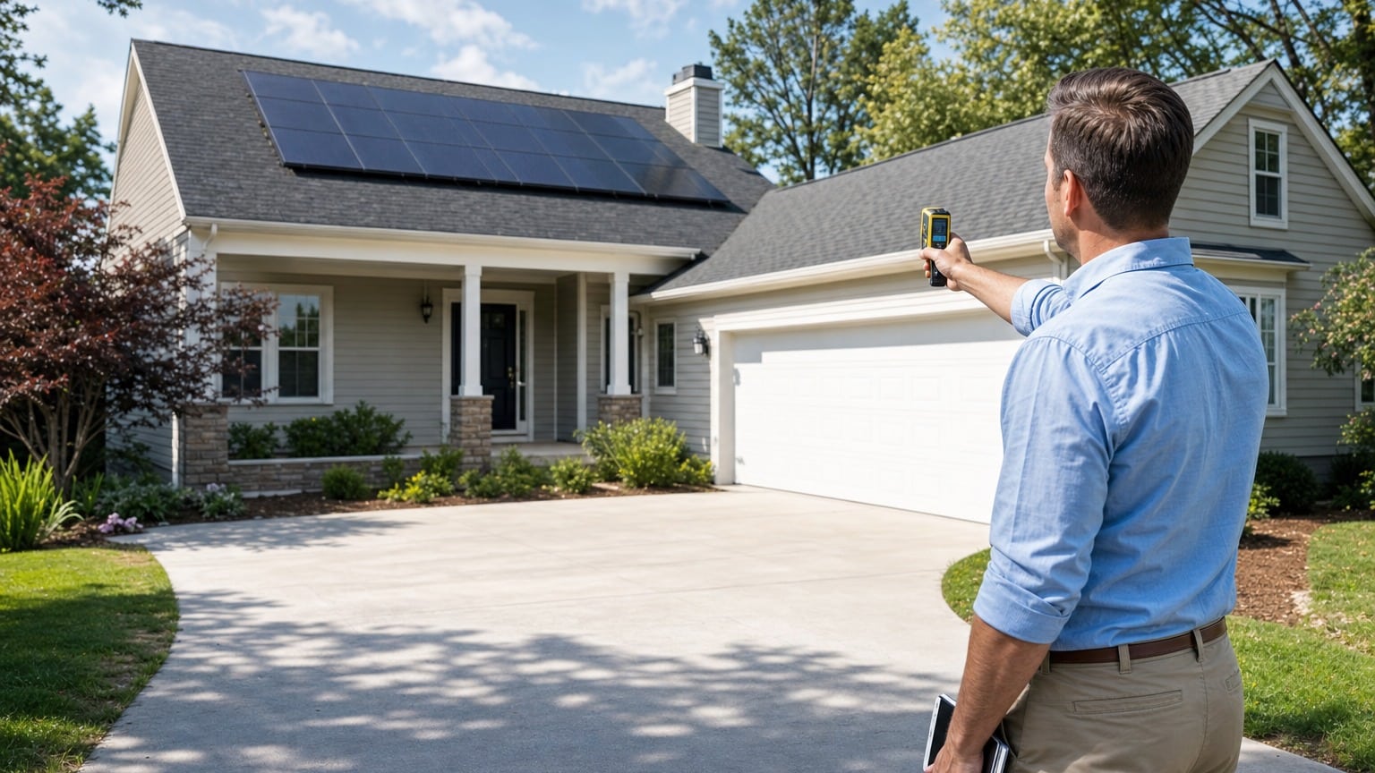 Professional appraiser inspecting residential rooftop solar panel installation with clipboard and tablet device