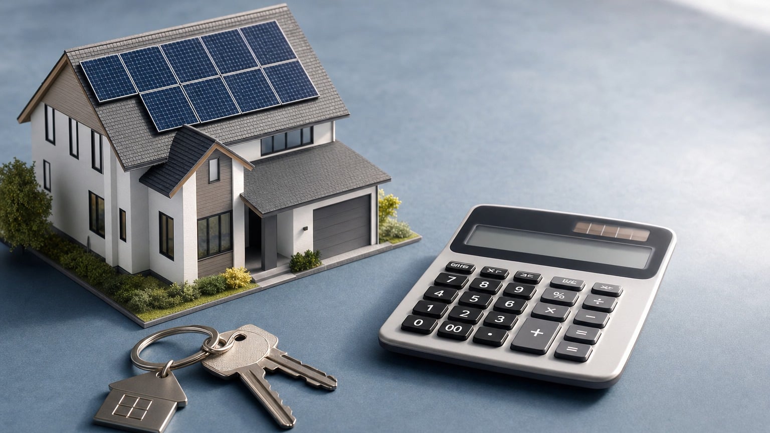 Homeowner reviewing solar upgrade financing documents at kitchen table with laptop and calculator nearby