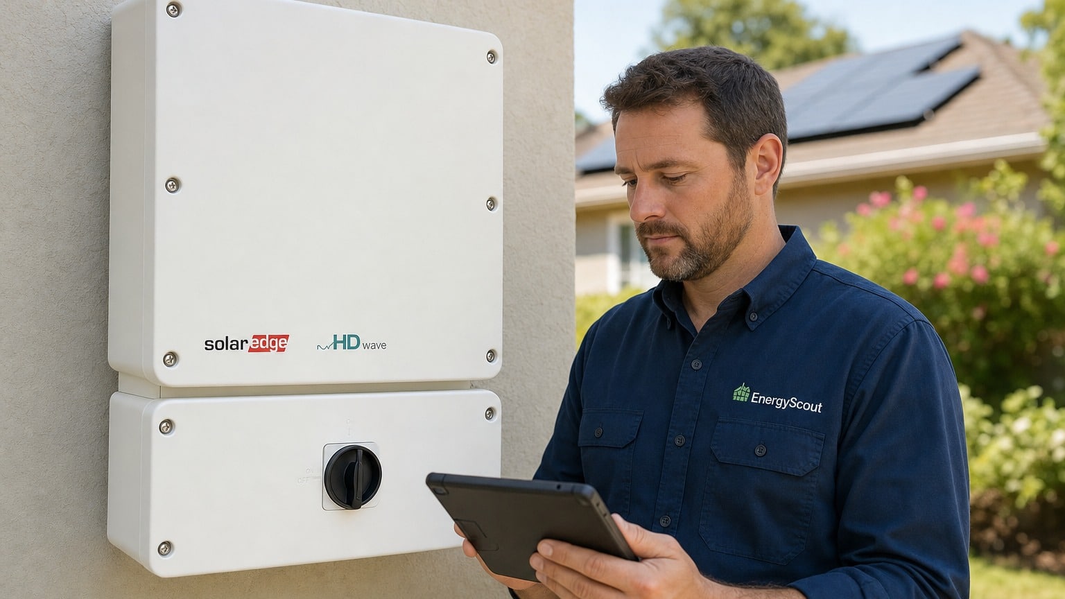 SolarEdge HD-Wave inverter mounted on exterior wall of residential home next to electrical panel