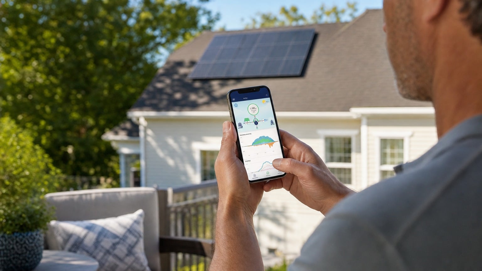 Homeowner holding smartphone displaying mySolarEdge monitoring app with energy production data and solar panel layout