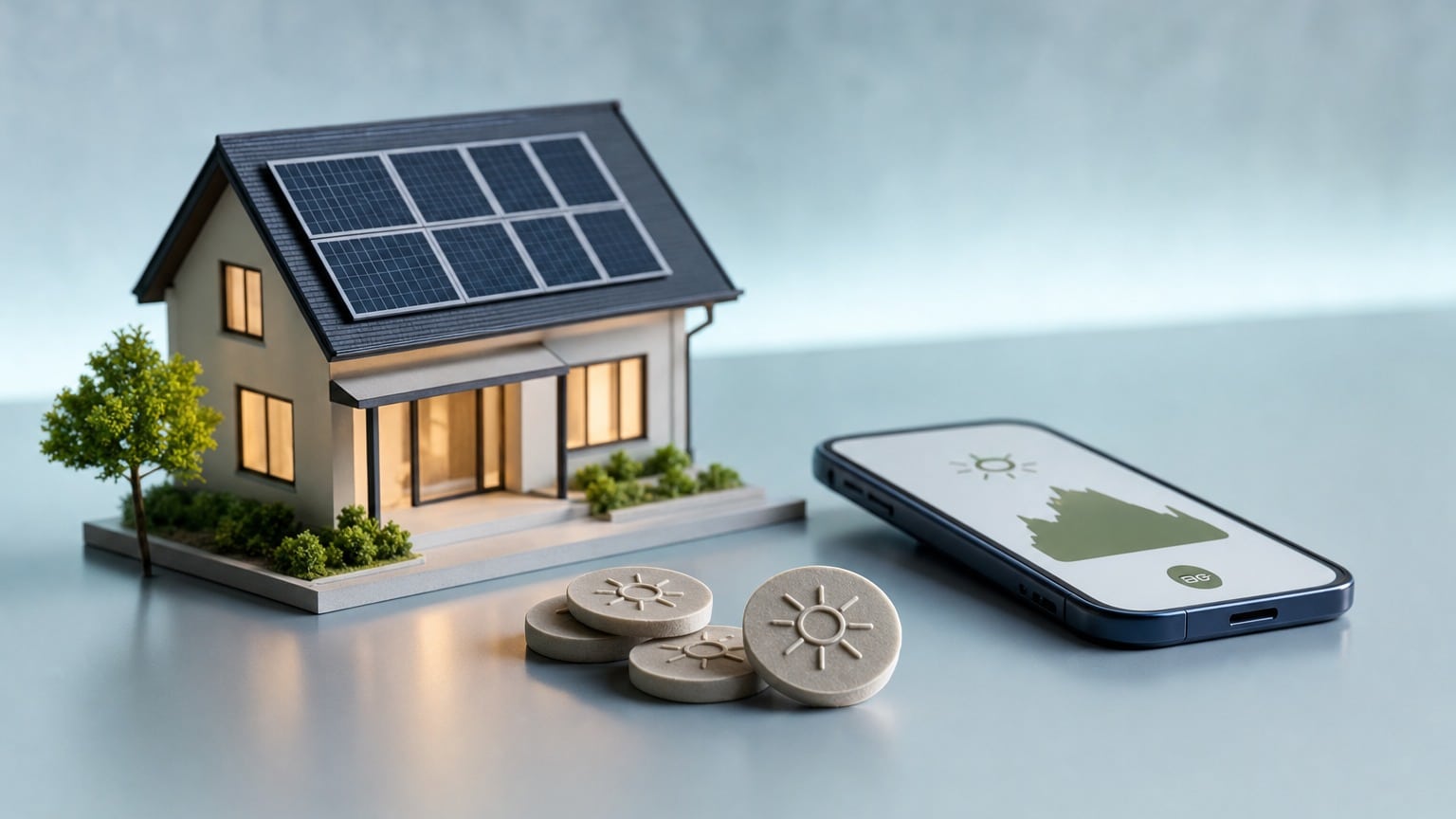 Homeowner reviewing SREC solar renewable energy credits earnings on laptop with rooftop solar panels visible through window