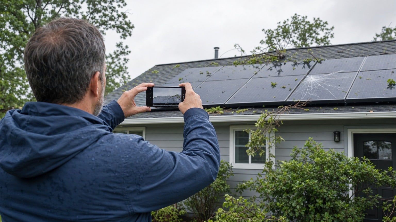 Homeowner documenting storm damage to residential rooftop solar panels after hailstorm for insurance claim