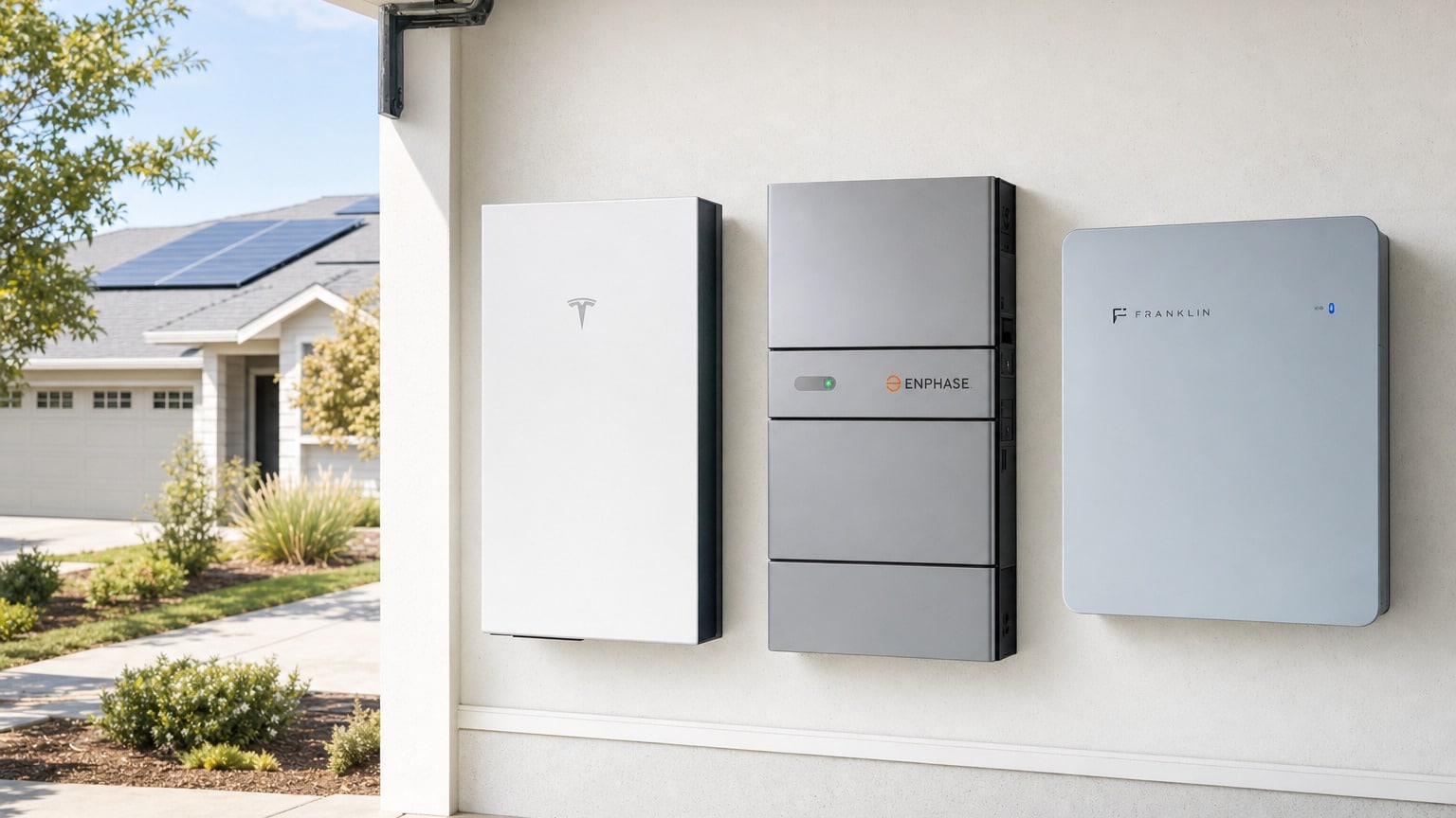 Three home battery systems mounted on residential garage wall with existing solar panels visible on roof