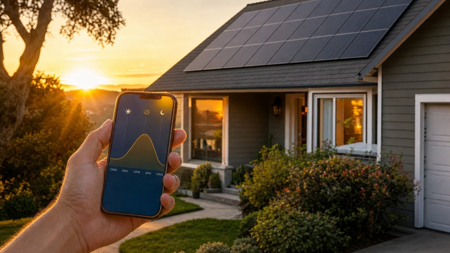 Homeowner monitoring solar battery system on tablet showing time of use rate schedule and energy discharge during evening peak hours
