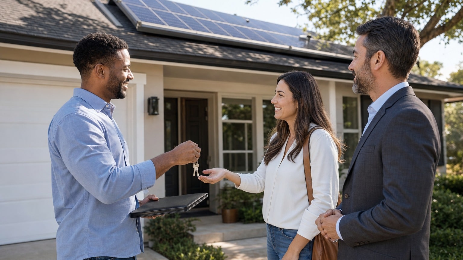 Real estate agent and homeowners reviewing solar lease transfer documents at kitchen table during home sale