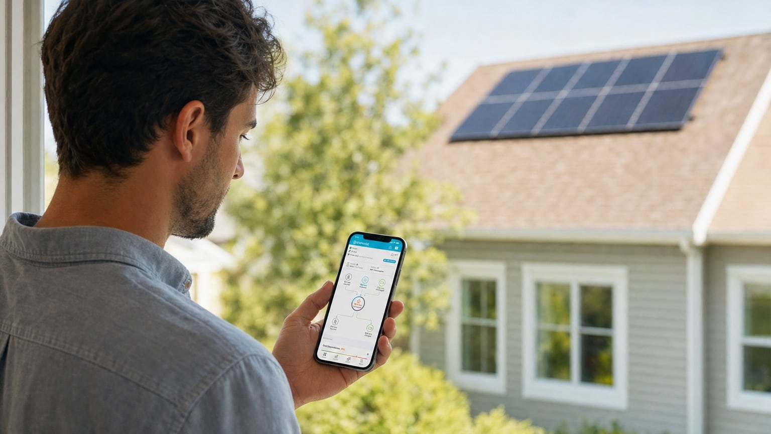 Homeowner using smartphone Enphase Enlighten app to monitor residential rooftop solar panel system production data