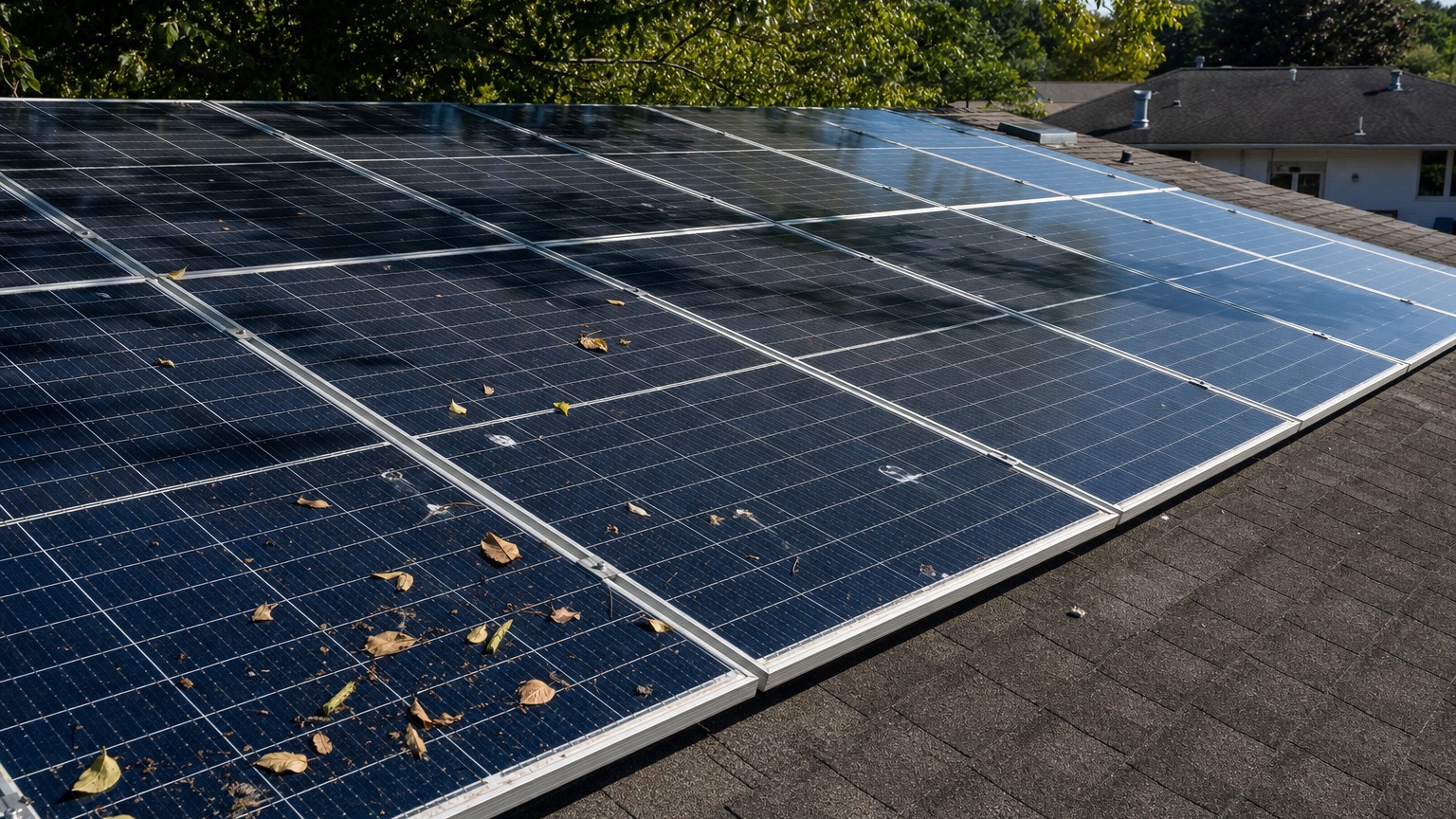 Residential solar panel array showing bird droppings and dust accumulation reducing solar panel output on rooftop